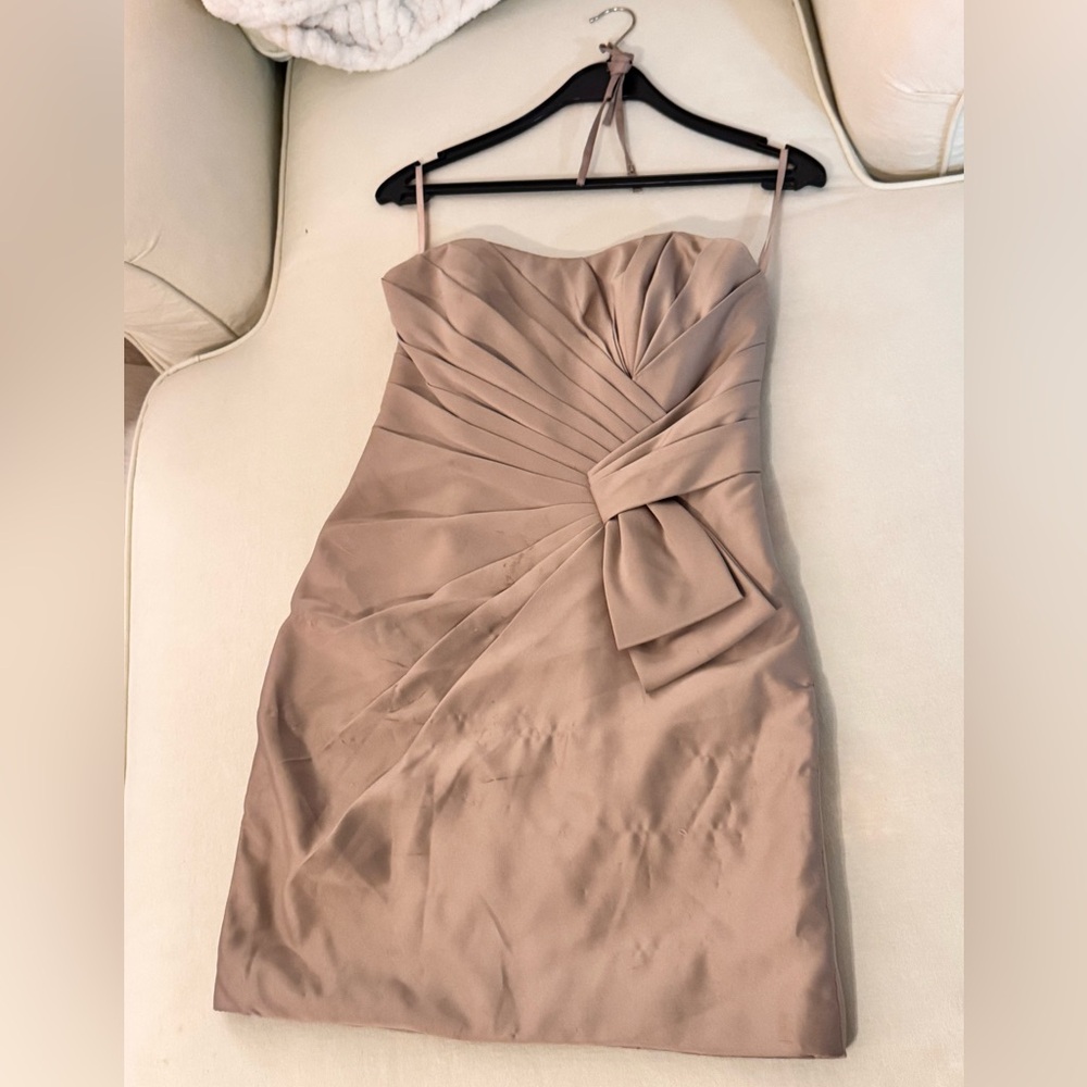 Allure Bridals Bridesmaids Tan Scrunched Satin (strap/less) dress, size 10